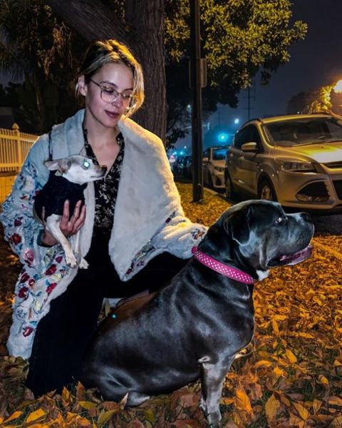 Gage Golightly giving a pose along with her pet dogs Bowie and Frankie.
