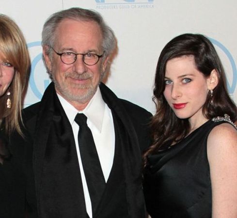 Steven Spielberg in a black suit with daughter Sasha Spielberg.