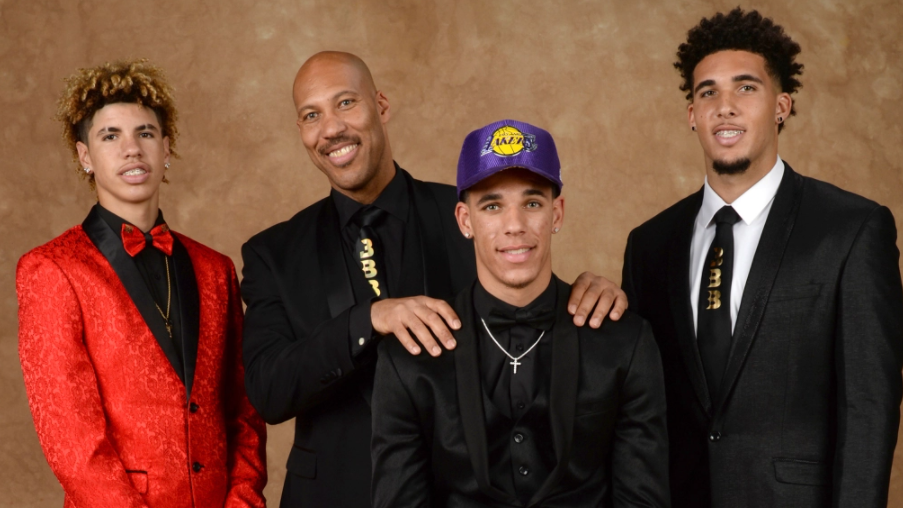 LaMelo Ball, LaVar Ball and LiAngelo Ball pose for a portrait with Lonzo Ball during the 2017 NBA draft in New York.