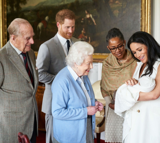 Meghan, Harry, and little Archie's grandmother, Doria and great-grandparents, the Queen and the Duke of Edinburgh