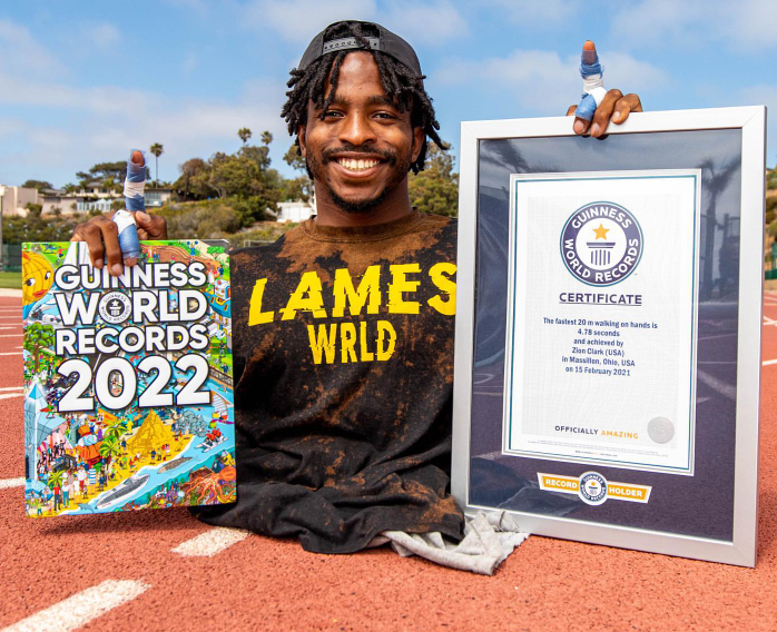 Zion Clark became Guinness World Record Holder as he broke the world record by walking 20 meters fastly just from his hand which he finished in 4.78 seconds