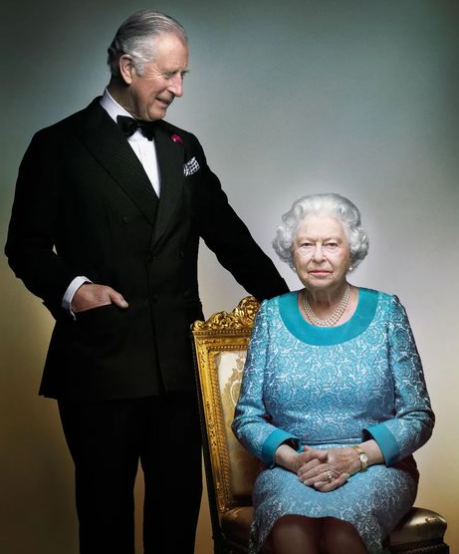 Her Majesty The Queen and His Royal Highness Prince Charles, Prince of Wales in an official portrait taken in May and published in December 2016, to mark the Queen's 90th birthday. The photograph was taken in the white drawing room at Windsor Castle.