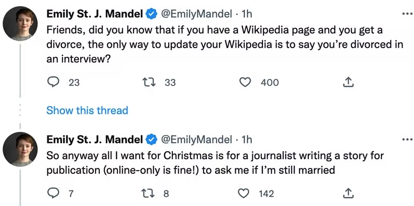 Emily St John Mandel asked for help getting divorced on Wikipedia